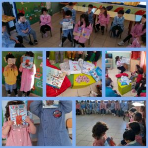 Bambini della scuola dell'infanzia che mostrano libri sull'inverno.
