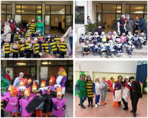 Bambini e insegnanti della scuola dell'infanzia vestiti a maschera.