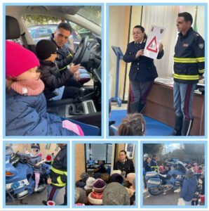 Incontro dei bambini della scuola dell'infanzia con gli agenti della Polizia Stradale.
