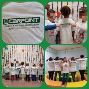 Magliette donate dagli sponsor alla scuola dell'infanzia.