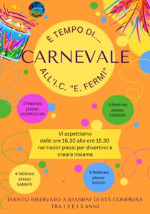 Locandina evento di Carnevale presso le scuole dell'infanzia dell'Istituto-
